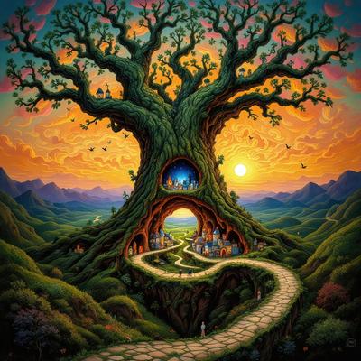 Primary subject: A large tree with a hollowed-out trunk, housing a group of people.

Setting/background: A lush green forest with mountains in the distance.

Visual style: Digital art.

Colors and mood: The image is colorful and has a whimsical, fantasy-like atmosphere.